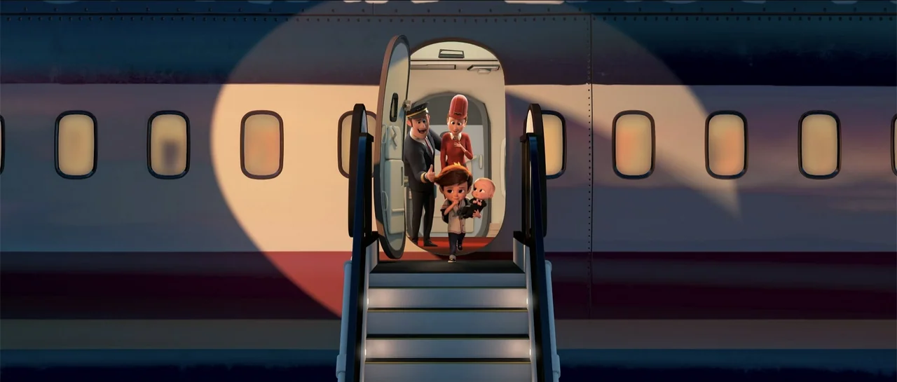 The Boss Baby (2017) movie still: fullbody — An airplane door opens onto portable stairs parked on an airport tarmac at dusk. A pilot, a stewardess,…