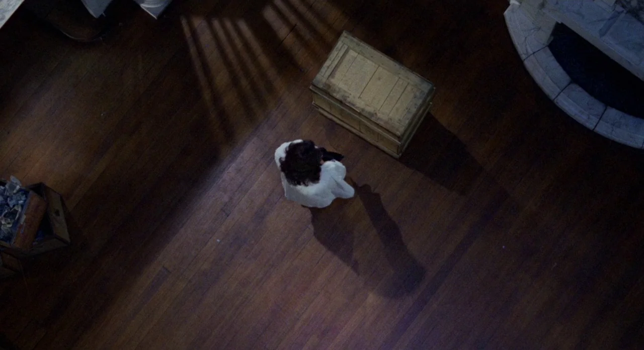 Secret Ceremony (1968) movie still: wide — A dark wooden floor is illuminated by a single overhead light source. A woman in a white shirt stands…