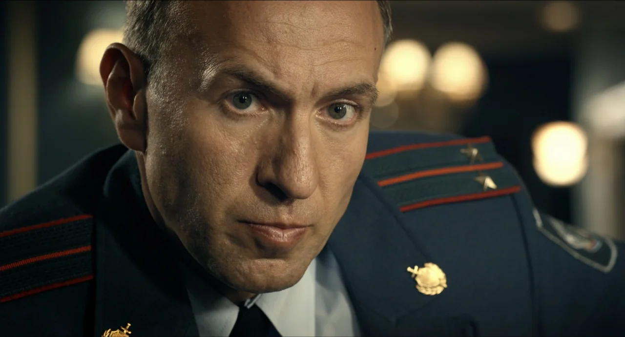 Boyka: Undisputed IV (2016) movie still: closeup — A man in a military uniform sits in a dimly lit office space. The officer looks forward at the…