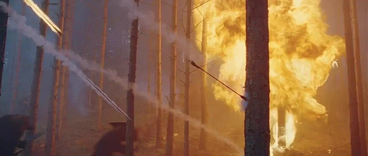 Gladiator (2000) movie still: wide — A dense pine forest is filled with thick, amber-colored smoke and bright, explosive fire. Several arrows are…