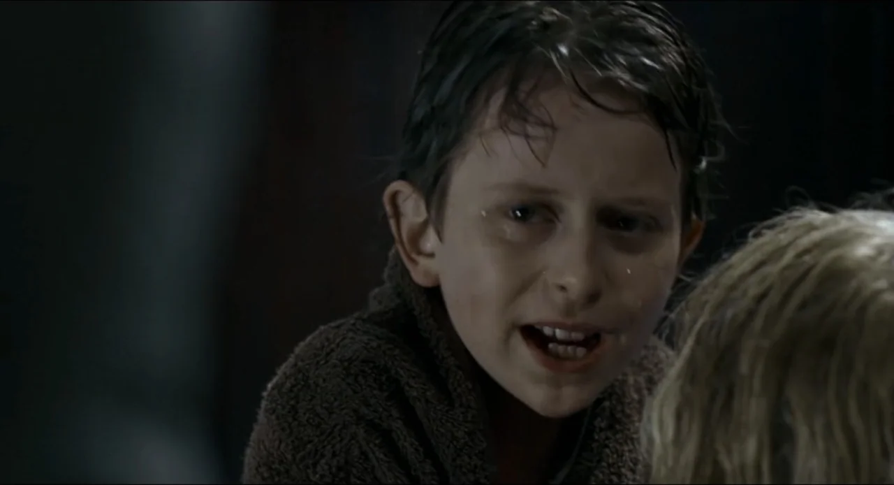 The Ring Two (2005) movie still: closeup — A dimly lit interior space contains a young boy wrapped in a brown towel. The boy has wet hair and a damp…