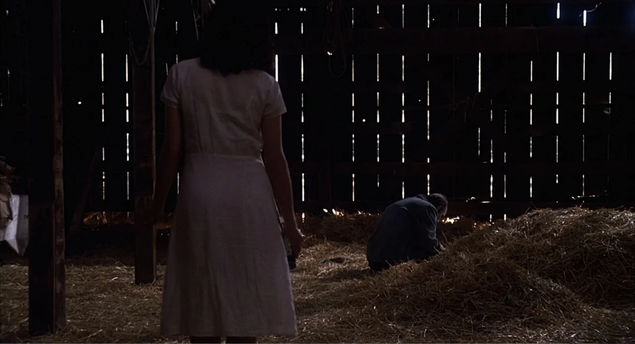 Of Mice and Men (1992) movie still: fullbody — A dark, rustic barn interior features wooden walls with thin cracks letting in sunlight. A woman in a…