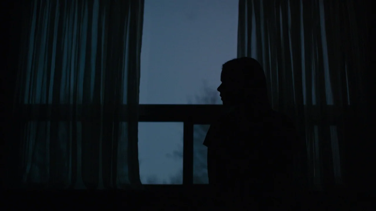 The Blackcoat’s Daughter (2015) movie still: medium — A dark room features a window draped with semi-transparent curtains at night. A person sits in…