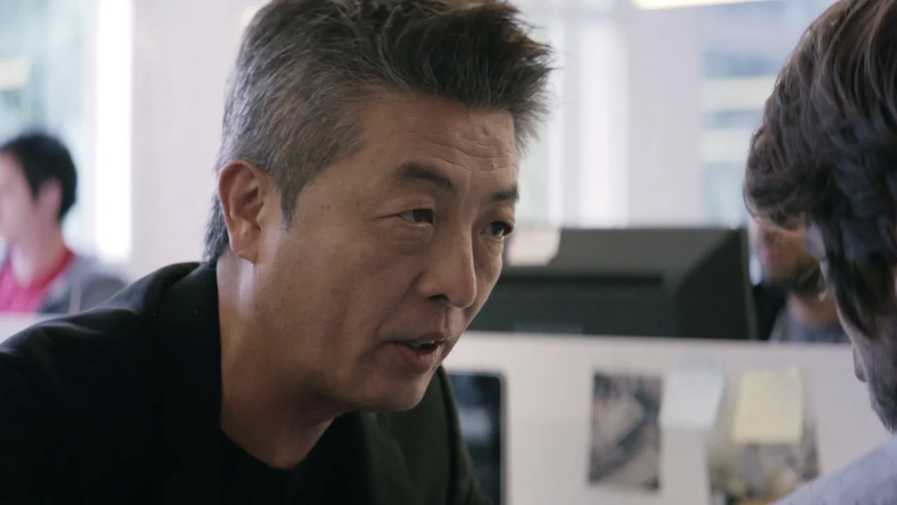 That's Not Cheating (2016) movie still: closeup — A brightly lit corporate office space features desks separated by white privacy dividers. An East…