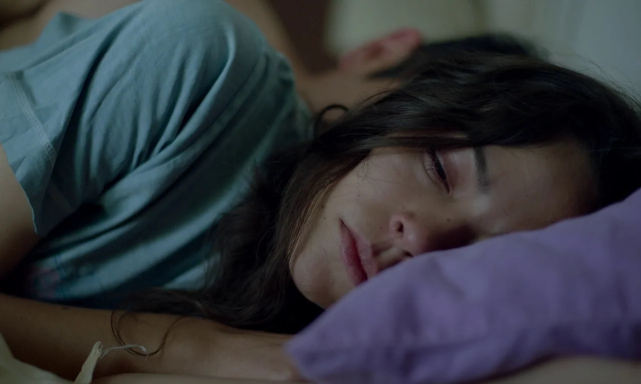 The Untamed (2016) movie still: closeup — A dimly lit sleeping area with a purple pillowcase and a light blue shirt. A woman with long dark hair…