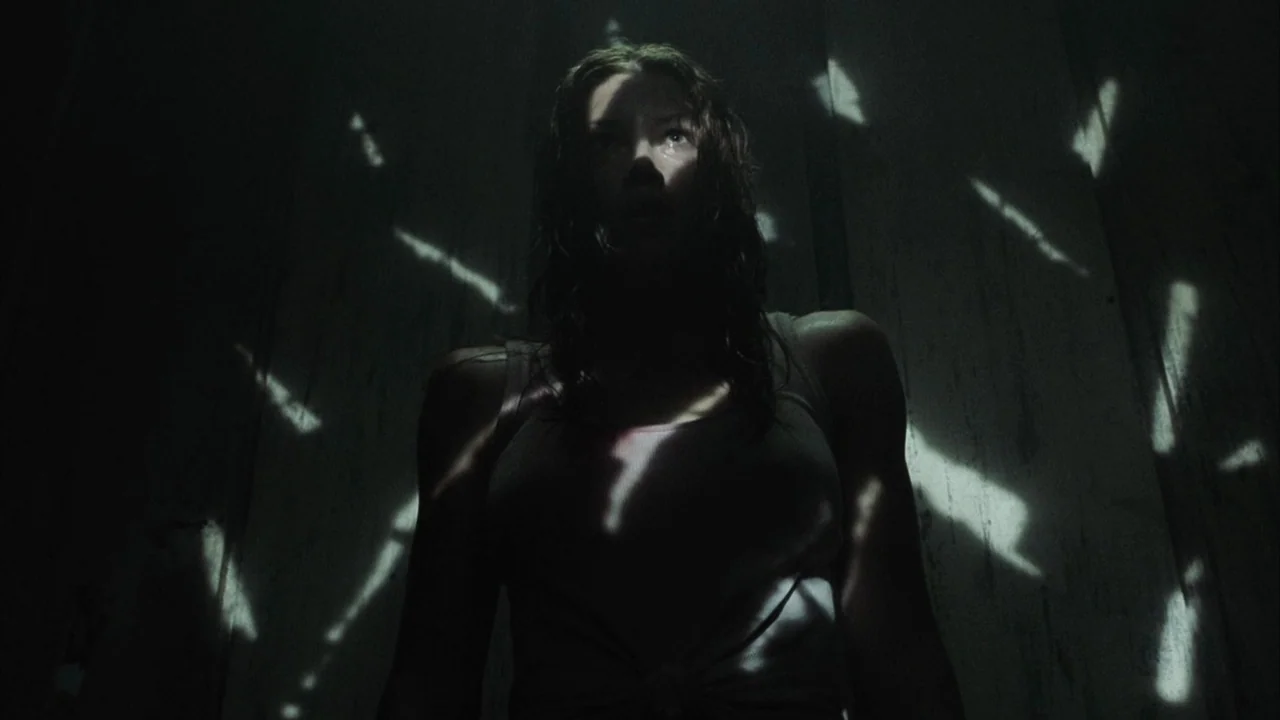 The Texas Chainsaw Massacre (2003) movie still: medium — A dark, cramped interior with rough wooden walls featuring splintered vertical planks. A…