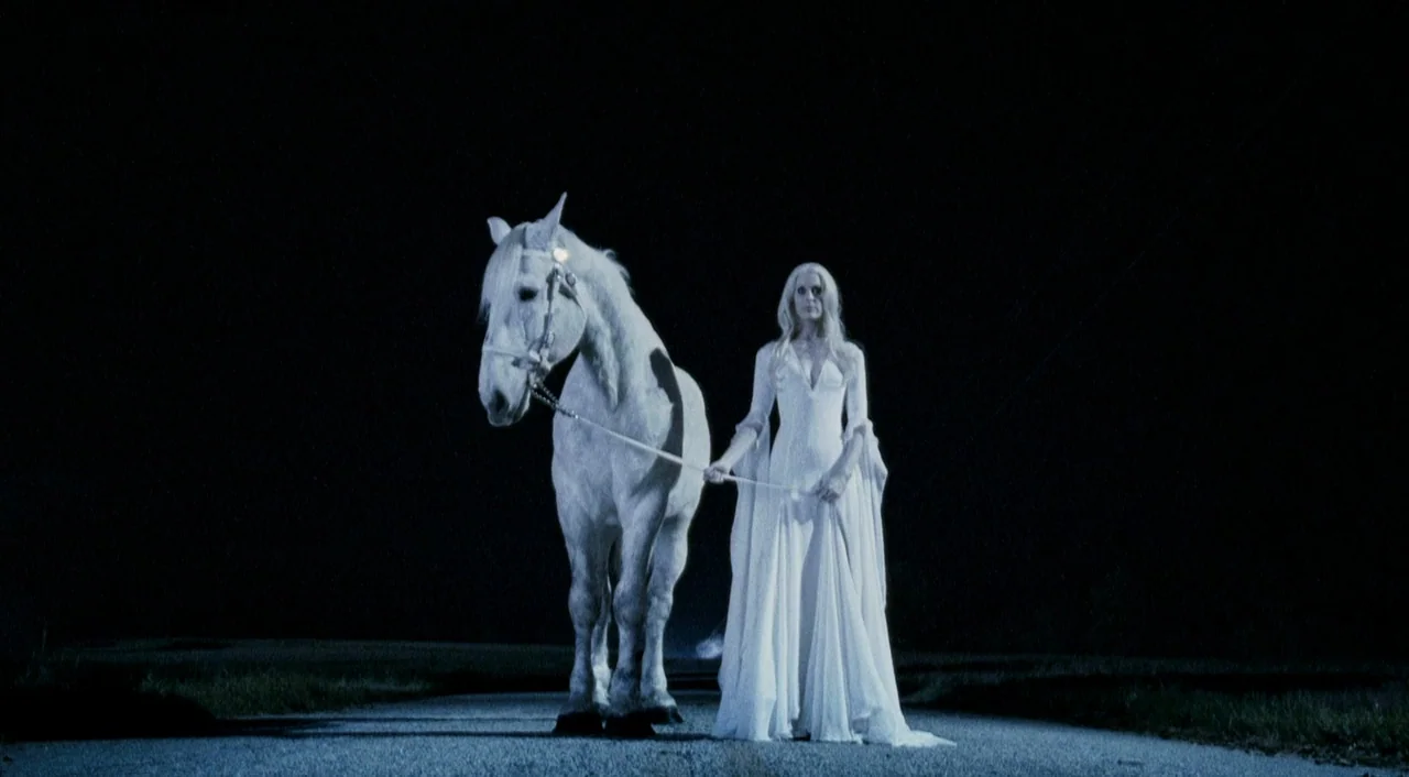 Halloween 2 (2009) movie still: fullbody — A dark paved road surrounded by total blackness at night. A woman in a long white dress leads a white…