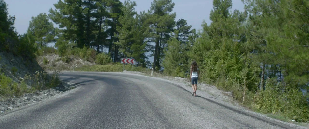 Mustang (2015) movie still: wide — A winding asphalt road curves through a dense forest with pine trees. A young girl walks alone along the edge of…