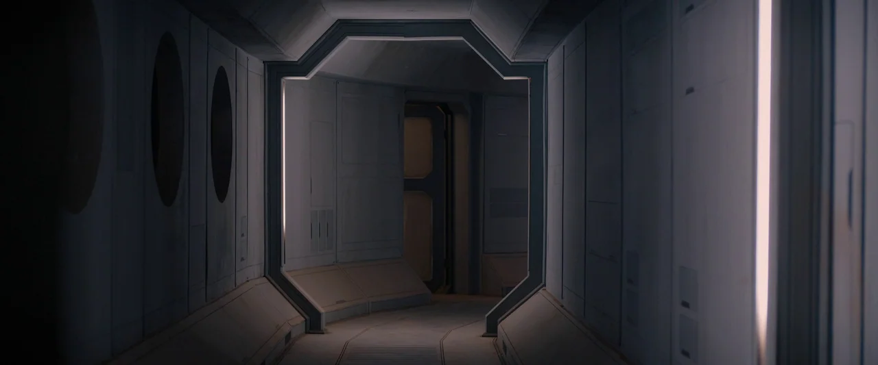 Settlers (2021) movie still: establishing — A dimly lit industrial spaceship corridor features paneled gray walls and recessed vertical lighting. An…