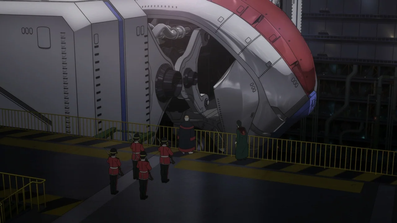 Napping Princess (2017) movie still: wide — An industrial hangar features a massive mechanical transport vessel docked on a raised platform. Six…