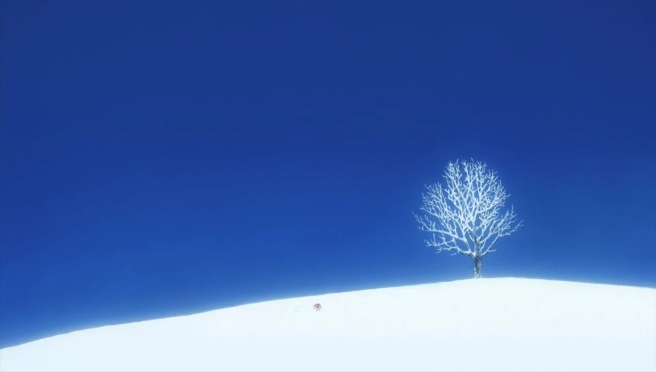 Wolf Children (2012) movie still: wide — A snow-covered hill rises against a clear and deep blue sky. A single leafless white tree stands at the…