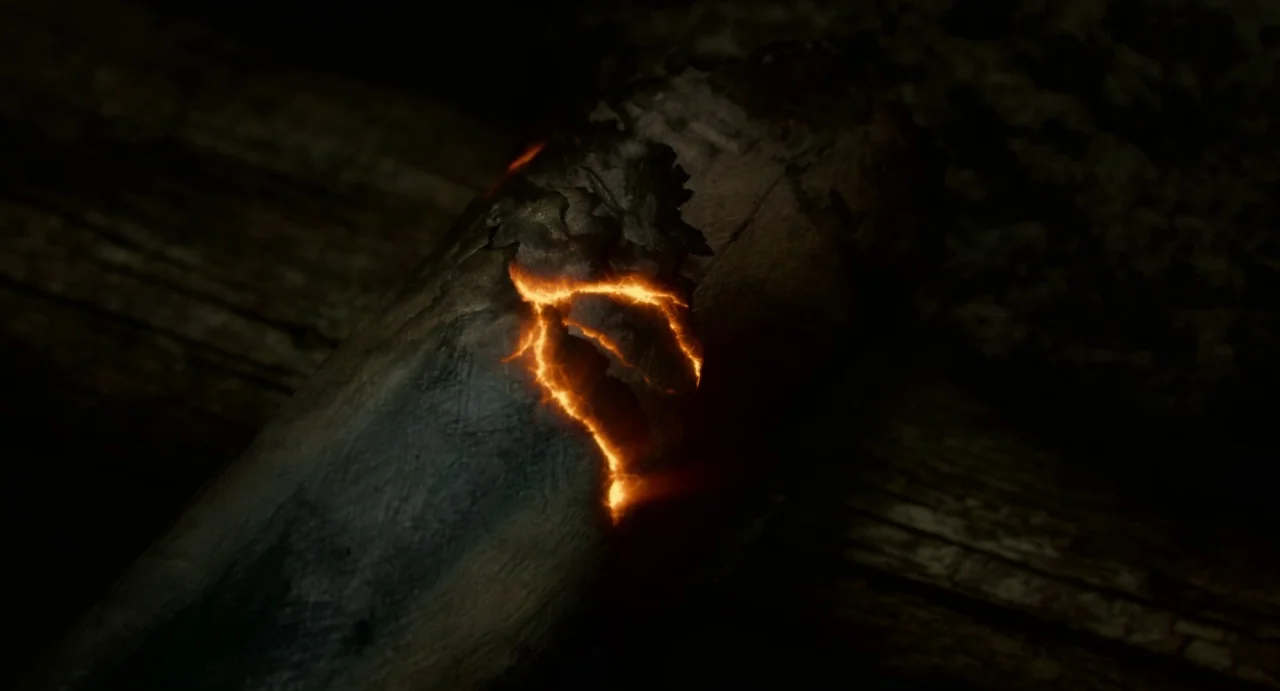 Velvet Buzzsaw (2019) movie still: closeup — A charred piece of wood lies on a dark, textured forest floor surface. Bright orange cracks of light…