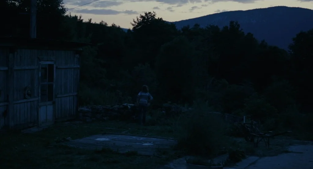 Things to Come (2016) movie still: wide — A rural backyard sits at dusk with a wooden shack and dark mountain backdrop. A small child stands on a…