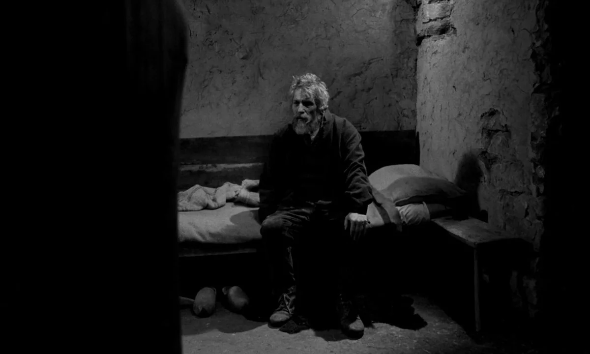 The Turin Horse (2011) movie still: medium — A spartan, dimly lit stone-walled chamber features a wooden frame bed with sparse bedding. The bearded…