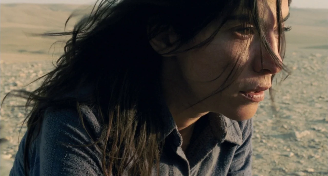 Incendies movie still: closeup — A vast, arid, light-colored rocky desert landscape extends into the blurred horizon. A woman in a blue shirt sits…