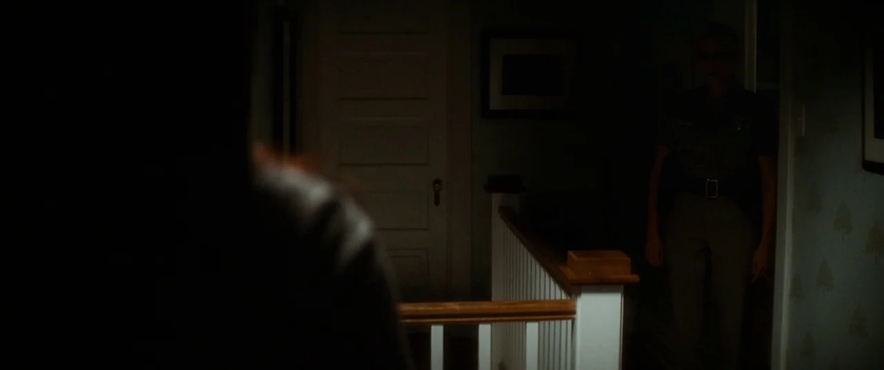 Scream 4 (2011) movie still: medium — A dimly lit upstairs landing features a white paneled door and wooden banister railings. A female police…