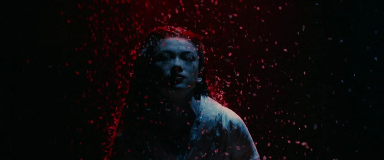 Memoirs of a Geisha (2005) movie still: medium — A woman stands in a dark space surrounded by a shower of red particles. The red light silhouettes…