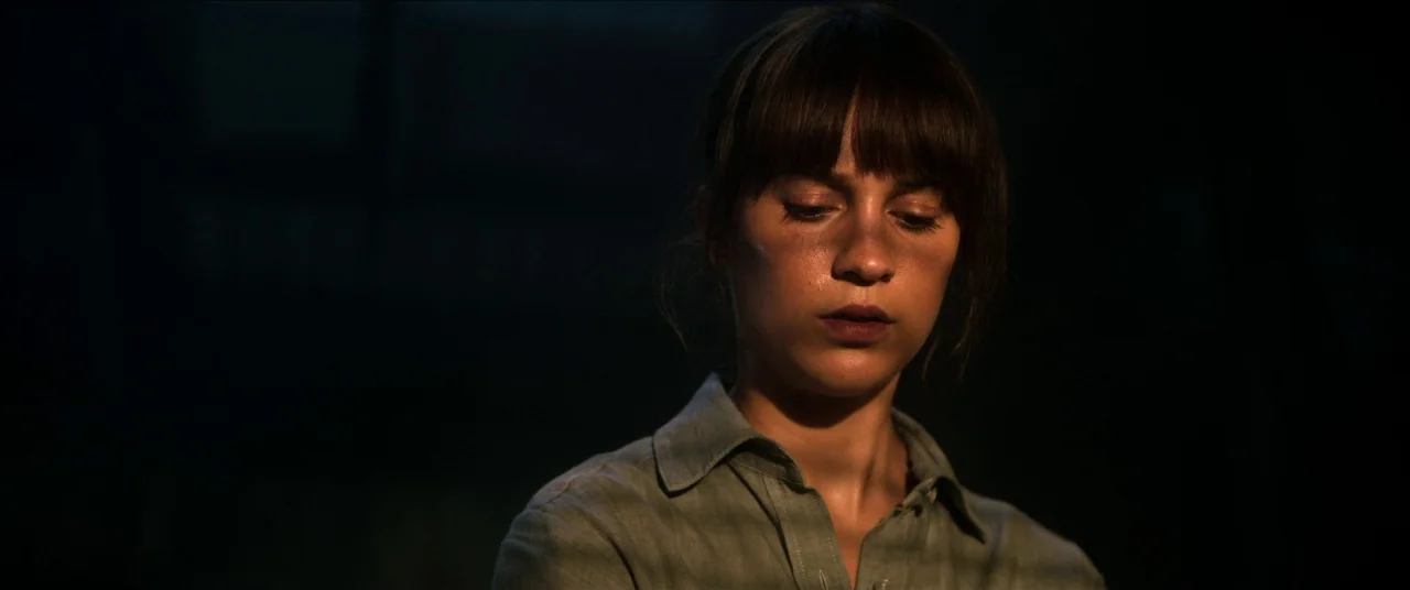 Earthquake Bird movie still: closeup — A dark, dimly lit environment obscures all background details surrounding the person. A woman with bangs…