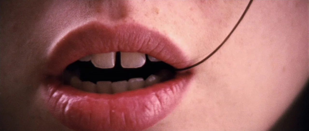 Amer (2009) movie still: closeup — A close-up view focuses on a human mouth with a slight gap between front teeth. A thin brown strand of hair…