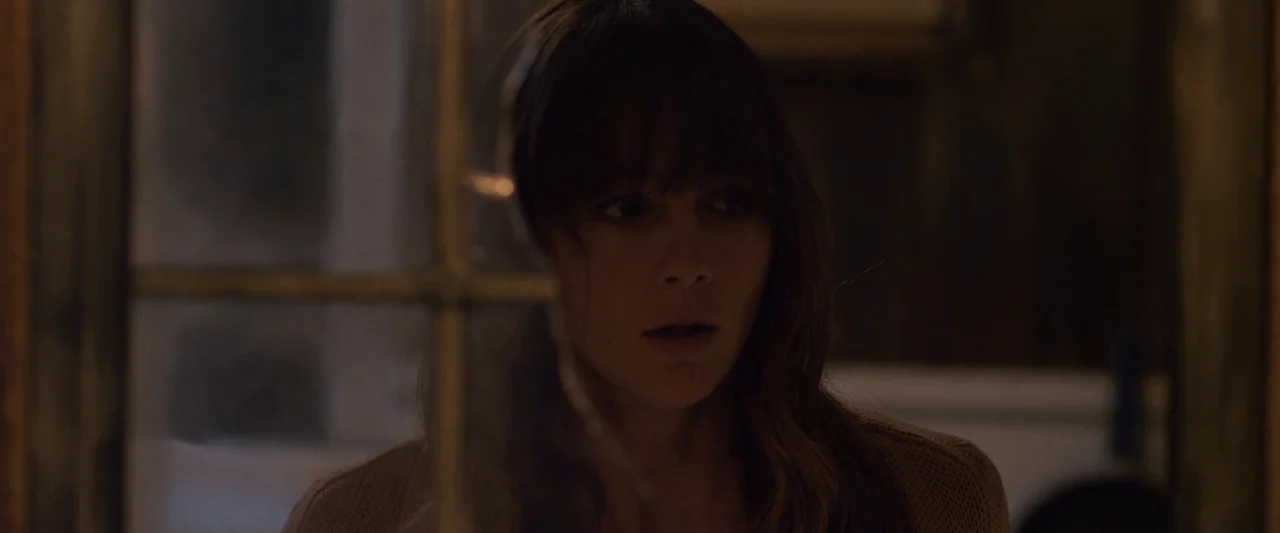 You’re Next (2013) movie still: closeup — A woman looks through a dark glass window pane at night. The dim interior light catches her face while the…