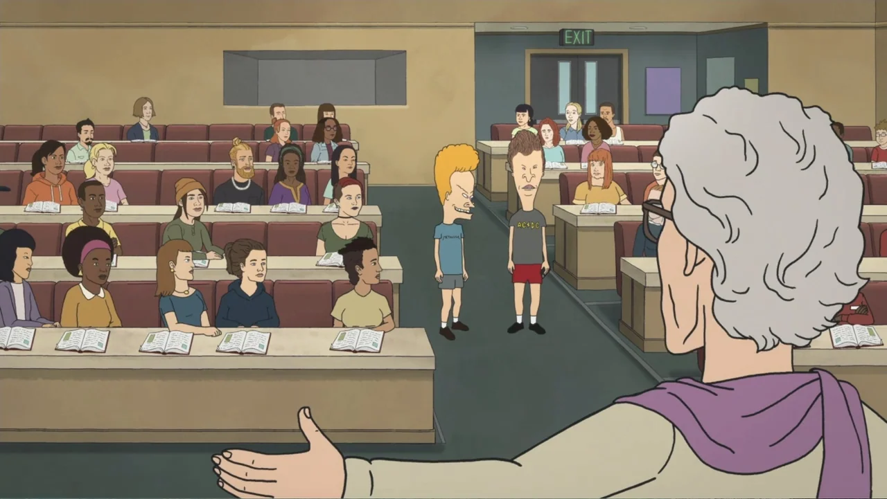 Beavis and Butt-Head Do the Universe (2022) movie still: medium — A college lecture hall filled with students sitting at tiered rows of desks. Two…