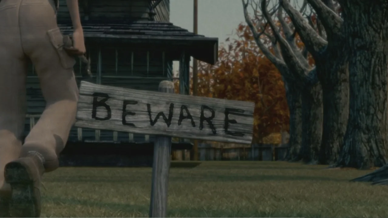 Monster House (2006) movie still: medium — A wooden 'BEWARE' sign stands in a grassy yard before an aged suburban house. A child in beige trousers…