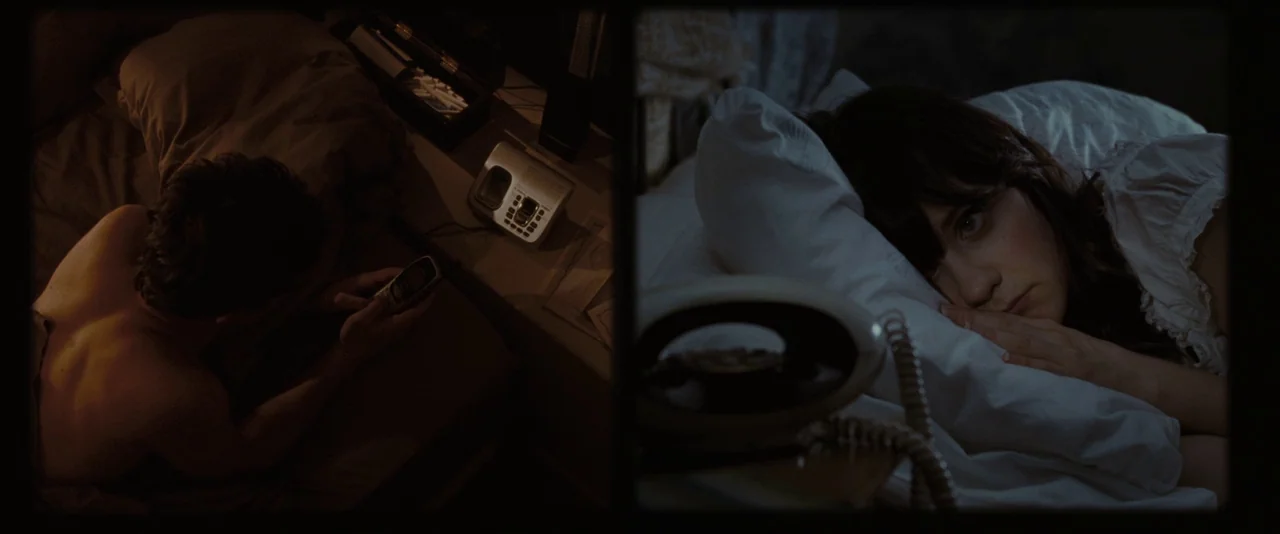 500 Days of Summer (2009) movie still: A split-screen composition depicting a couple separated by distance, both lying in bed at night. The man,…