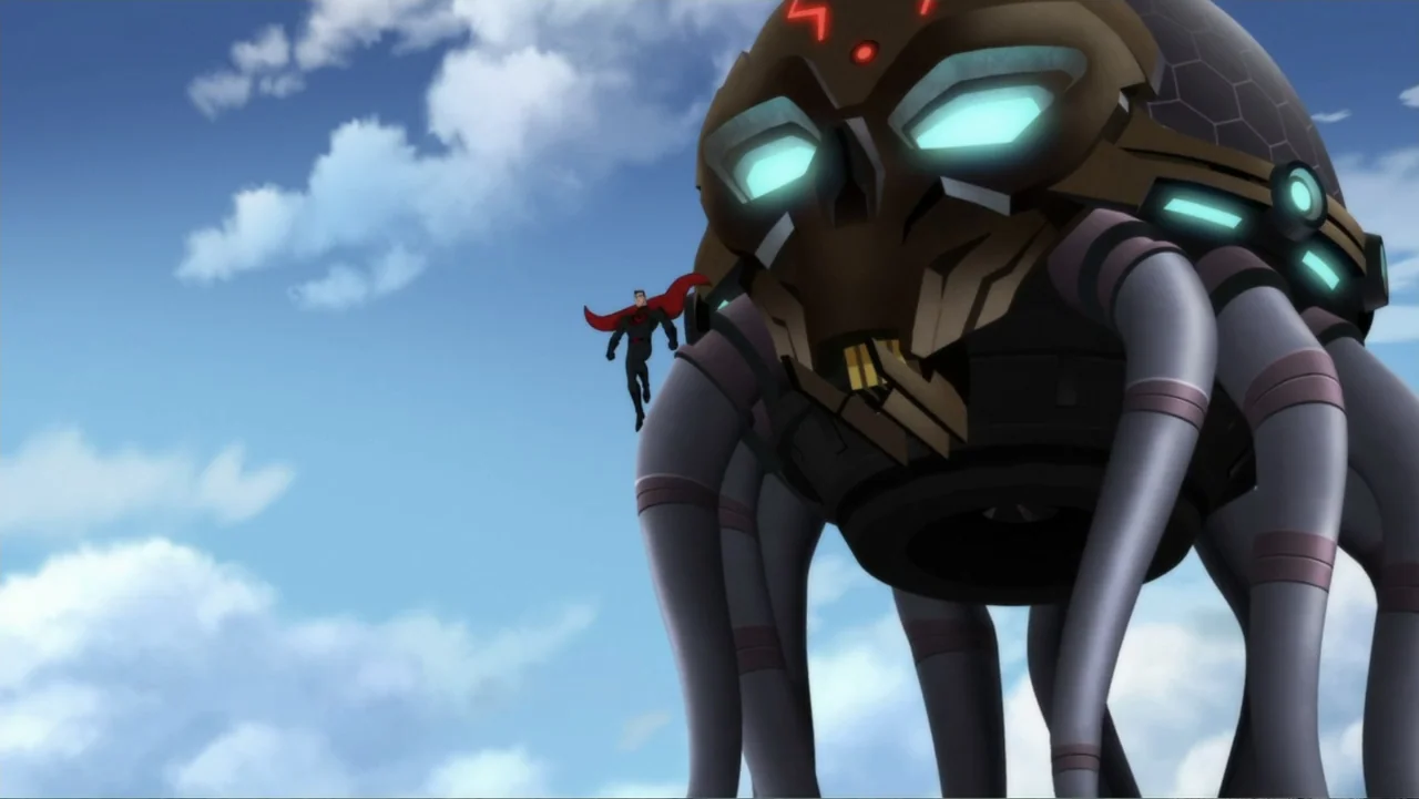 Superman: Red Son (2020) movie still: wide — A giant mechanical skull-shaped craft hovers against a bright blue sky filled with clouds. A costumed…