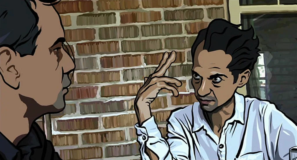 Waking Life (2001) movie still: medium — An outdoor area features a textured red brick wall behind two men talking. One man in a white shirt…