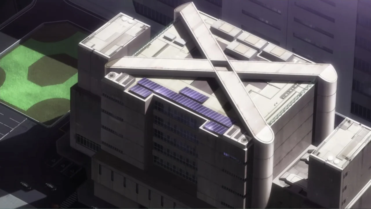 Ghost in the Shell: Arise - Border 3: Ghost Tears (2014) movie still: establishing — A modern commercial building with an X-shaped roof structure…