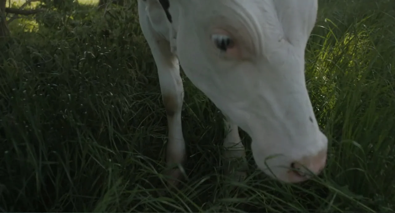 Cow (2022) movie still: closeup — A white calf stands in a field of tall green grass. The animal lowers its head to eat the grass.