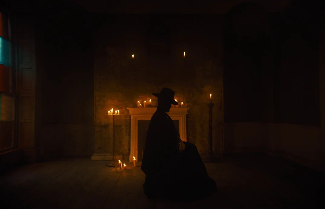 Gretel & Hansel (2020) movie still: wide — A dimly lit room features a stone fireplace mantle adorned with glowing taper candles. A silhouetted…