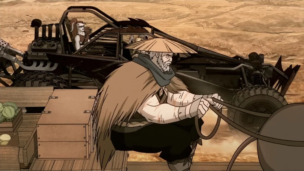 Mortal Kombat Legends: Snow Blind (2022) movie still: medium — A dry, vast desert landscape serves as the backdrop for a makeshift wooden cart. An…