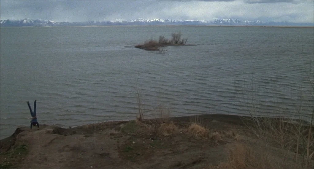 Melvin & Howard (1980) movie still: wide — A dark dirt bank overlooks a wide lake under a cloudy sky. A small patch of trees protrudes from the…