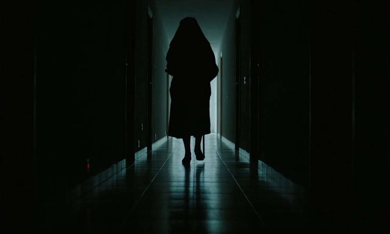 Close Your Eyes (2023) movie still: fullbody — A long, narrow interior corridor is dimly lit with dark floor tiles and shadowed walls. A figure in a…