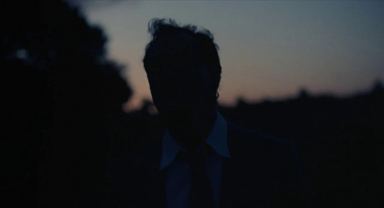 The Nest (2020) movie still: medium — A man stands outdoors in an open field against a darkening sky at dusk. The figure is silhouetted as the light…