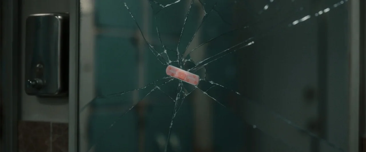 Yolo (2024) movie still: closeup — A cracked glass mirror in a public facility displays a pattern of radial fractures. A small, patterned adhesive…