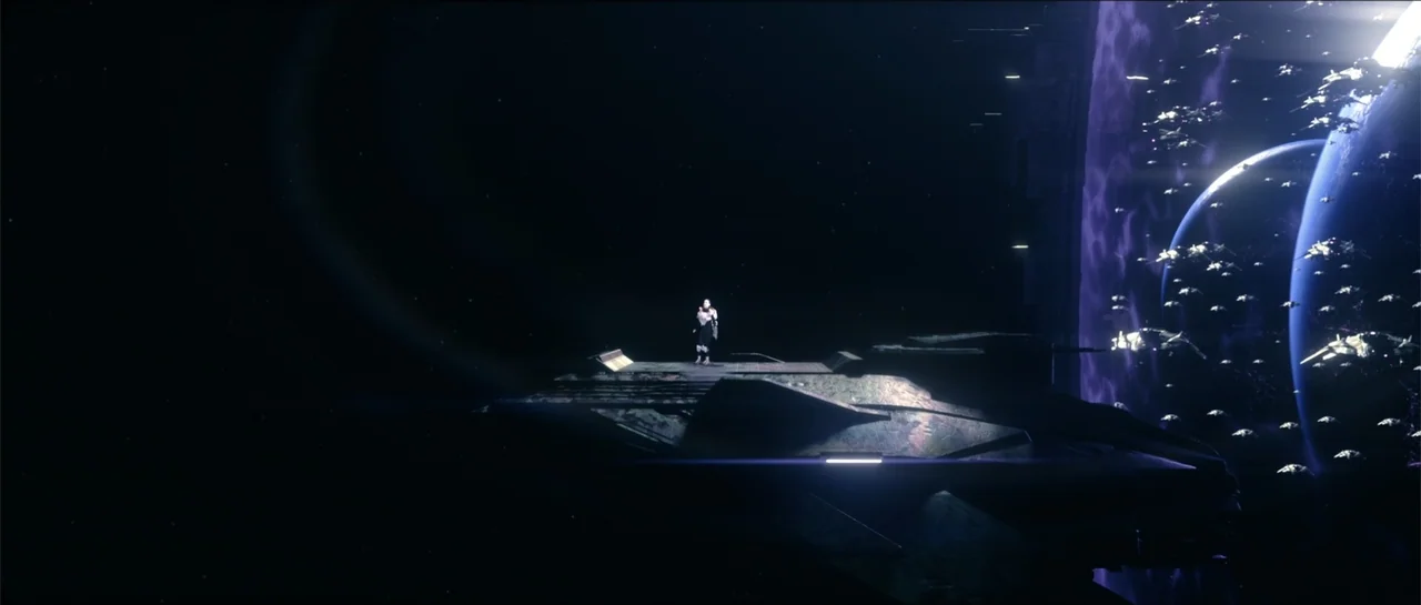 Cosmic Sin (2021) movie still: wide — A dark, vast expanse of outer space features a large starship floating near a nebula. A solitary figure stands…