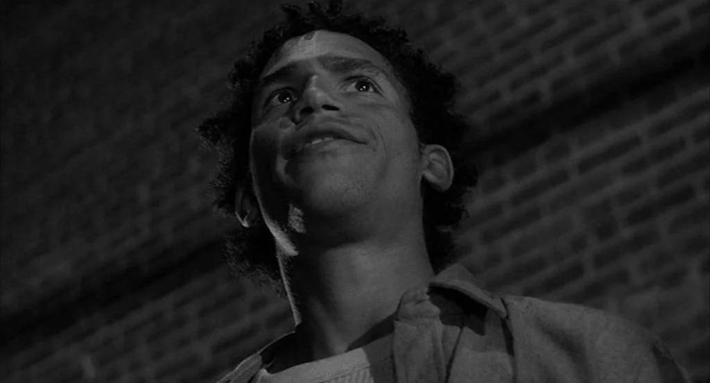 Rumble Fish (1983) movie still: closeup — A man stands outdoors in front of a dark, textured brick wall at night. He is angled slightly away from…