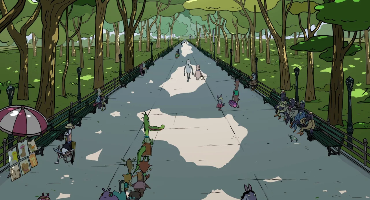 Robot Dreams (2023) movie still: wide — A wide paved path runs through a wooded area filled with various anthropomorphic animals. Numerous…