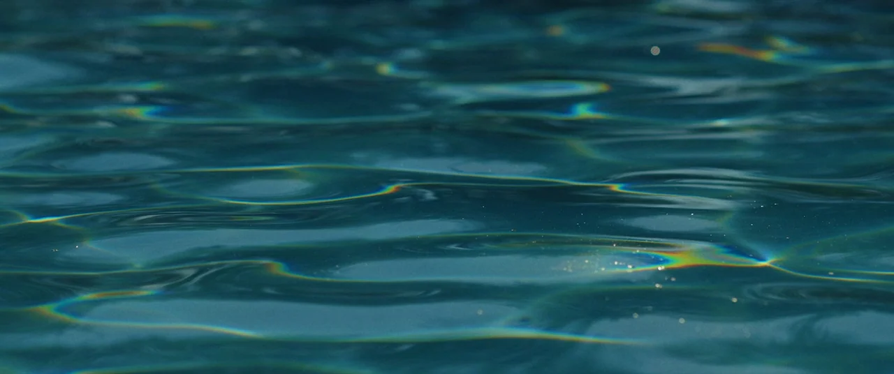 Speak No Evil (2022) movie still: closeup — The surface of a swimming pool displays rhythmic, overlapping waves with small bubbles. Sunlight creates…