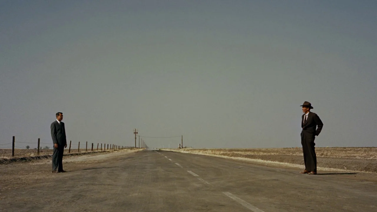 North By Northwest (1959) movie still: wide — A flat, desolate two-lane country road stretches across a dry, sparse landscape. Two men in suits wait…