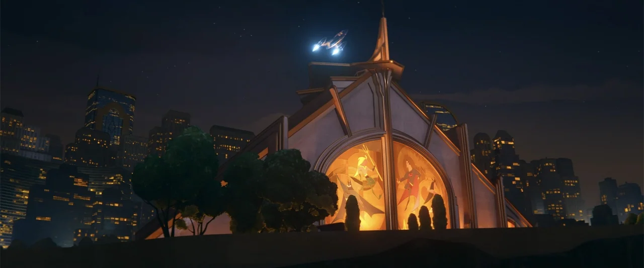 DC League of Super-Pets (2022) movie still: establishing — A futuristic building with a prominent stained glass facade sits against a night skyline.…