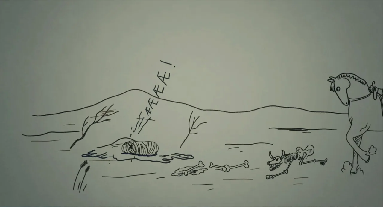 Ninjababy (2021) movie still: wide — A simple line drawing depicts a barren desert landscape with hills and sparse vegetation. A skeleton creature…