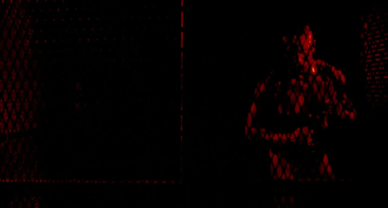 Bronson (2008) movie still: fullbody — A person stands behind a dark metal mesh partition in a very dark room. Intense red light casts a grid…