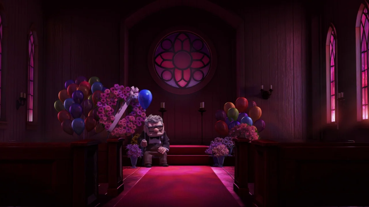 Up (2009) movie still: wide — An interior chapel with wooden pews and a circular stained glass window. An elderly man sits alone on a bench…