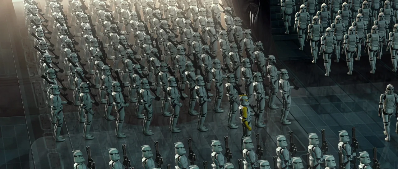 Star Wars: Episode II – Attack of the Clones (2002) movie still: wide — A vast hangar interior features hundreds of white-armored troopers standing…