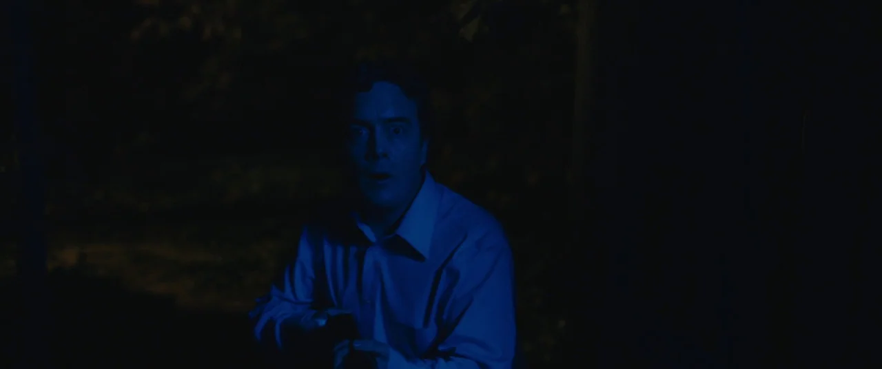 Blue Ruin (2013) movie still: medium — A man stands amidst dark, indistinct foliage at night. He is illuminated by a focused blue light while…