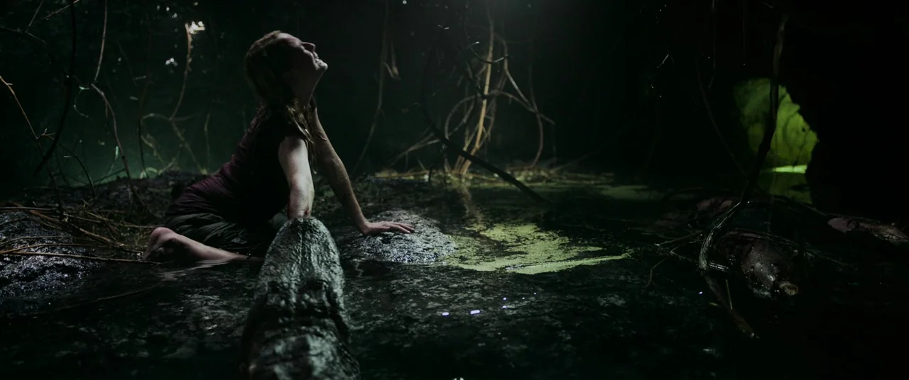 Crawl (2019) movie still: medium — A dark subterranean space features shallow muddy water and tangled hanging roots. A woman sits in the muck while…