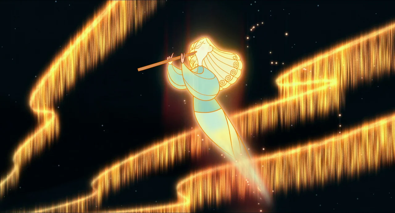 Song of the Sea (2014) movie still: medium — A figure made of golden light floats through a vast, dark space filled with ribbons. She plays a flute…